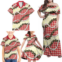 Red Palaka Hawaii Family Matching Off Shoulder Maxi Dress and Hawaiian Shirt Kukui Nut Pikake Lei Hawaiian Tapa Pattern - Polynesian Pride