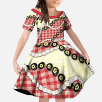 Red Palaka Hawaii Family Matching Off Shoulder Short Dress and Hawaiian Shirt Kukui Nut Pikake Lei Hawaiian Tapa Pattern LT14 Daughter's Dress Red - Polynesian Pride