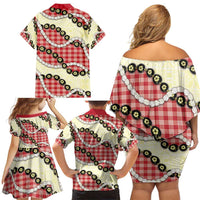 Red Palaka Hawaii Family Matching Off Shoulder Short Dress and Hawaiian Shirt Kukui Nut Pikake Lei Hawaiian Tapa Pattern - Polynesian Pride
