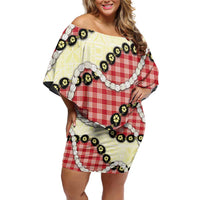 Red Palaka Hawaii Family Matching Off Shoulder Short Dress and Hawaiian Shirt Kukui Nut Pikake Lei Hawaiian Tapa Pattern LT14 Mom's Dress Red - Polynesian Pride