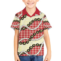 Red Palaka Hawaii Family Matching Off Shoulder Short Dress and Hawaiian Shirt Kukui Nut Pikake Lei Hawaiian Tapa Pattern - Polynesian Pride