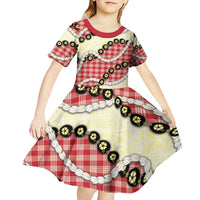 Red Palaka Hawaii Kid Short Sleeve Dress Kukui Nut Pikake Lei Hawaiian Tapa Pattern - Polynesian Pride