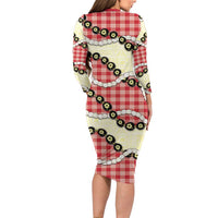 Red Palaka Hawaii Long Sleeve Bodycon Dress Kukui Nut Pikake Lei Hawaiian Tapa Pattern - Polynesian Pride