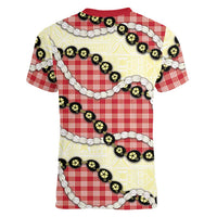 Red Palaka Hawaii Women V-Neck T-Shirt Kukui Nut Pikake Lei Hawaiian Tapa Pattern - Polynesian Pride
