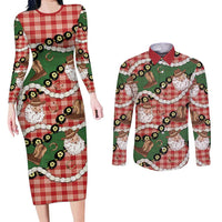 Cowboy Hawaii Mele Kalikimaka Couples Matching Long Sleeve Bodycon Dress and Long Sleeve Button Shirt Paniolo Kukui Nut Pikake Lei Red Version - Polynesian Pride