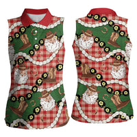 Cowboy Hawaii Mele Kalikimaka Women Sleeveless Polo Shirt Paniolo Kukui Nut Pikake Lei Red Version - Polynesian Pride