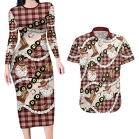 Cowboy Hawaii Mele Kalikimaka Couples Matching Long Sleeve Bodycon Dress and Hawaiian Shirt Paniolo Kukui Nut Pikake Lei Burgundy Version LT14 Burgundy - Polynesian Pride