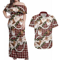 Cowboy Hawaii Mele Kalikimaka Couples Matching Off Shoulder Maxi Dress and Hawaiian Shirt Paniolo Kukui Nut Pikake Lei Burgundy Version LT14 Burgundy - Polynesian Pride