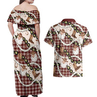 Cowboy Hawaii Mele Kalikimaka Couples Matching Off Shoulder Maxi Dress and Hawaiian Shirt Paniolo Kukui Nut Pikake Lei Burgundy Version LT14 - Polynesian Pride