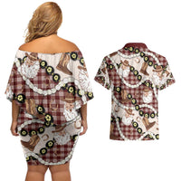 Cowboy Hawaii Mele Kalikimaka Couples Matching Off Shoulder Short Dress and Hawaiian Shirt Paniolo Kukui Nut Pikake Lei Burgundy Version LT14 - Polynesian Pride