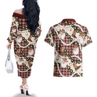Cowboy Hawaii Mele Kalikimaka Couples Matching Off The Shoulder Long Sleeve Dress and Hawaiian Shirt Paniolo Kukui Nut Pikake Lei Burgundy Version - Polynesian Pride
