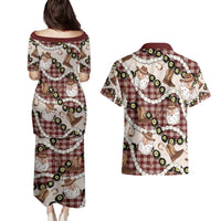 Cowboy Hawaii Mele Kalikimaka Couples Matching Puletasi and Hawaiian Shirt Paniolo Kukui Nut Pikake Lei Burgundy Version - Polynesian Pride