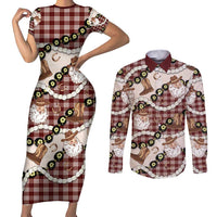 Cowboy Hawaii Mele Kalikimaka Couples Matching Short Sleeve Bodycon Dress and Long Sleeve Button Shirt Paniolo Kukui Nut Pikake Lei Burgundy Version - Polynesian Pride