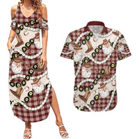 Cowboy Hawaii Mele Kalikimaka Couples Matching Summer Maxi Dress and Hawaiian Shirt Paniolo Kukui Nut Pikake Lei Burgundy Version - Polynesian Pride