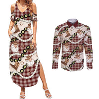 Cowboy Hawaii Mele Kalikimaka Couples Matching Summer Maxi Dress and Long Sleeve Button Shirt Paniolo Kukui Nut Pikake Lei Burgundy Version - Polynesian Pride