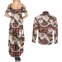 Cowboy Hawaii Mele Kalikimaka Couples Matching Summer Maxi Dress and Long Sleeve Button Shirt Paniolo Kukui Nut Pikake Lei Burgundy Version LT14 - Polynesian Pride