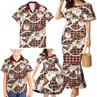 Cowboy Hawaii Mele Kalikimaka Family Matching Mermaid Dress and Hawaiian Shirt Paniolo Kukui Nut Pikake Lei Burgundy Version LT14 - Polynesian Pride