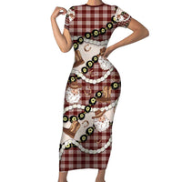 Cowboy Hawaii Mele Kalikimaka Short Sleeve Bodycon Dress Paniolo Kukui Nut Pikake Lei Burgundy Version - Polynesian Pride