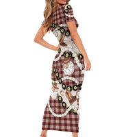 Cowboy Hawaii Mele Kalikimaka Short Sleeve Bodycon Dress Paniolo Kukui Nut Pikake Lei Burgundy Version - Polynesian Pride