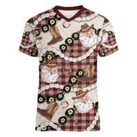 Cowboy Hawaii Mele Kalikimaka Women V-Neck T-Shirt Paniolo Kukui Nut Pikake Lei Burgundy Version LT14 Female Burgundy - Polynesian Pride