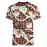 Cowboy Hawaii Mele Kalikimaka Women V-Neck T-Shirt Paniolo Kukui Nut Pikake Lei Burgundy Version LT14 - Polynesian Pride