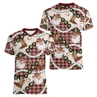 Cowboy Hawaii Mele Kalikimaka Women V-Neck T-Shirt Paniolo Kukui Nut Pikake Lei Burgundy Version - Polynesian Pride