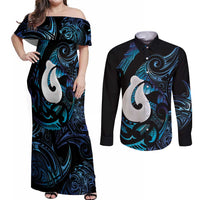 Hei Matau New Zealand Matariki Couples Matching Off Shoulder Maxi Dress and Long Sleeve Button Shirt NZ Fish Hook Maori Art