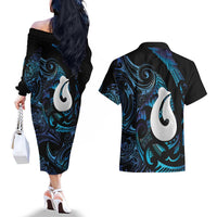 Hei Matau New Zealand Matariki Couples Matching Off The Shoulder Long Sleeve Dress and Hawaiian Shirt NZ Fish Hook Maori Art LT14 - Polynesian Pride