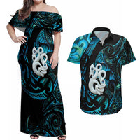 Manaia New Zealand Matariki Couples Matching Off Shoulder Maxi Dress and Hawaiian Shirt NZ Paua Shell Maori Art LT14 Turquoise - Polynesian Pride