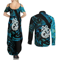Manaia New Zealand Matariki Couples Matching Summer Maxi Dress and Long Sleeve Button Shirt NZ Paua Shell Maori Art