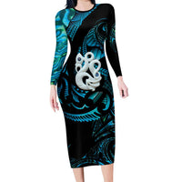 Manaia New Zealand Matariki Family Matching Long Sleeve Bodycon Dress and Hawaiian Shirt NZ Paua Shell Maori Art LT14 Mom's Dress Turquoise - Polynesian Pride