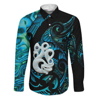 Manaia New Zealand Matariki Family Matching Summer Maxi Dress and Hawaiian Shirt NZ Paua Shell Maori Art LT14 Dad's Shirt - Long Sleeve Turquoise - Polynesian Pride