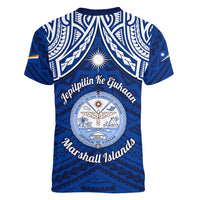 Marshall Islands Women V Neck T Shirt Blue Polynesian Tribal Mix Coat Of Arms LT14 - Polynesian Pride