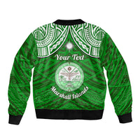 Personalised Marshall Islands Sleeve Zip Bomber Jacket Green Polynesian Tribal Mix Coat Of Arms LT14 - Polynesian Pride