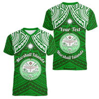Personalised Marshall Islands Women V Neck T Shirt Green Polynesian Tribal Mix Coat Of Arms LT14 - Polynesian Pride