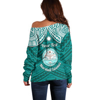 Personalised Marshall Islands Off Shoulder Sweater Turquoise Polynesian Tribal Mix Coat Of Arms LT14 - Polynesian Pride