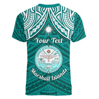Personalised Marshall Islands Women V Neck T Shirt Turquoise Polynesian Tribal Mix Coat Of Arms LT14 - Polynesian Pride
