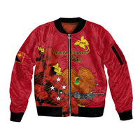 Personalised Remembrance Day PNG Sleeve Zip Bomber Jacket Papua New Guinea We Will Remember Them LT14 Unisex Red - Polynesian Pride