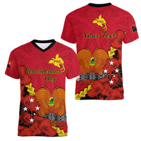 Personalised Remembrance Day PNG Women V Neck T Shirt Papua New Guinea We Will Remember Them LT14 - Polynesian Pride