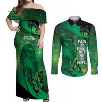 Personalised World Mental Health Awareness Month Couples Matching Off Shoulder Maxi Dress and Long Sleeve Button Shirt Warriors Brave Strong Galaxy Vibes