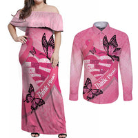 Polynesia Breast Cancer Awareness Month Couples Matching Off Shoulder Maxi Dress and Long Sleeve Button Shirt Pink Ribbon Mix Butterflies
