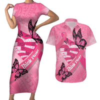 Polynesia Breast Cancer Awareness Month Couples Matching Short Sleeve Bodycon Dress and Hawaiian Shirt Pink Ribbon Mix Butterflies