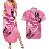 Polynesia Breast Cancer Awareness Month Couples Matching Summer Maxi Dress and Hawaiian Shirt Pink Ribbon Mix Butterflies