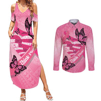 Polynesia Breast Cancer Awareness Month Couples Matching Summer Maxi Dress and Long Sleeve Button Shirt Pink Ribbon Mix Butterflies