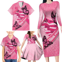Polynesia Breast Cancer Awareness Month Family Matching Long Sleeve Bodycon Dress and Hawaiian Shirt Pink Ribbon Mix Butterflies