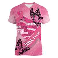 Polynesia Breast Cancer Awareness Month Women V-Neck T-Shirt Pink Ribbon Mix Butterflies