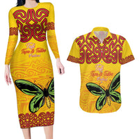 Personalised Tufi Tapa and Tattoo Festival Couples Matching Long Sleeve Bodycon Dress and Hawaiian Shirt PNG Oro Butterfly Tapa Pattern - Polynesian Pride