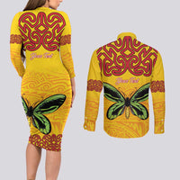Personalised Tufi Tapa and Tattoo Festival Couples Matching Long Sleeve Bodycon Dress and Long Sleeve Button Shirt PNG Oro Butterfly Tapa Pattern - Polynesian Pride