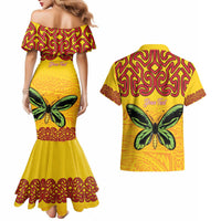 Personalised Tufi Tapa and Tattoo Festival Couples Matching Mermaid Dress and Hawaiian Shirt PNG Oro Butterfly Tapa Pattern - Polynesian Pride