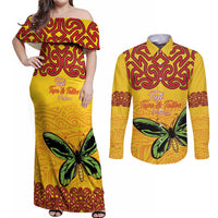 Personalised Tufi Tapa and Tattoo Festival Couples Matching Off Shoulder Maxi Dress and Long Sleeve Button Shirt PNG Oro Butterfly Tapa Pattern - Polynesian Pride